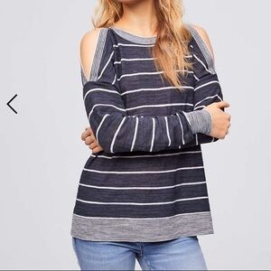 LOFT Gray Striped Cold Shoulder Oversized Sweater